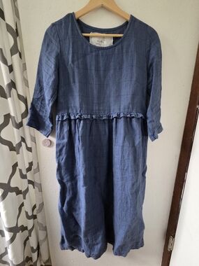 notPERFECTLINEN Fern delft blue checks Midi Dress - SMALL 100% Linen